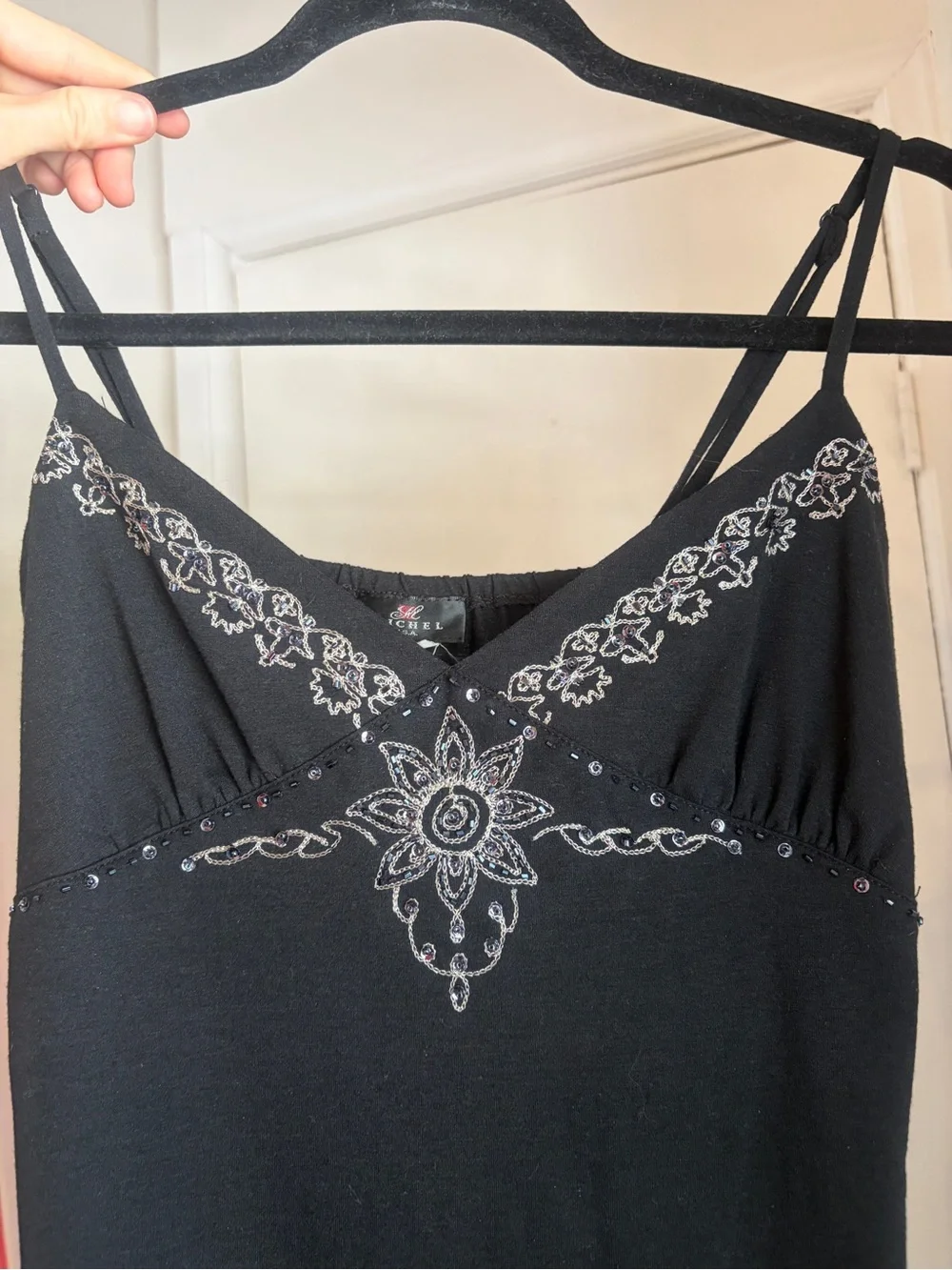 Vintage Y2K Black Linen Tank with Silver beaded and embroidered medallion design - Picture 9 of 14